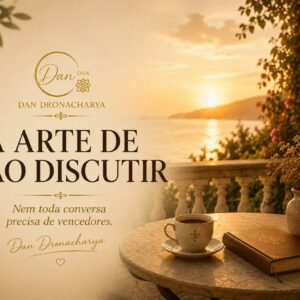 Varanda iluminada pelo pôr do sol com livro e chávena de café representando a arte de não discutir, a paz interior e a inteligência emocional.